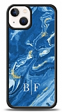 Dafoni Glossy iPhone 13 Mini Kişiye Özel İki Harf Simli Mavi Mermer Kılıf