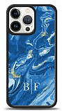 Dafoni Glossy iPhone 13 Pro Max Kişiye Özel İki Harf Simli Mavi Mermer Kılıf