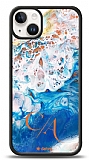 Dafoni Glossy iPhone 14 Plus Kişiye Özel Çift Harf Simli Okyanus Mermer Kılıf