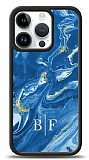 Dafoni Glossy iPhone 14 Pro Kişiye Özel İki Harf Simli Mavi Mermer Kılıf