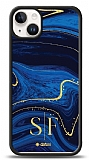 Dafoni Glossy iPhone 15 Plus Kişiye Özel Çift Harf Simli Lacivert Mermer Kılıf