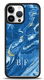 Dafoni Glossy iPhone 15 Pro Max Kişiye Özel İki Harf Simli Mavi Mermer Kılıf