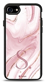 Dafoni Glossy iPhone SE 2020 Kiiye zel Harf Simli Pembe Mermer Klf
