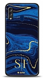 Dafoni Glossy Samsung Galaxy A20 / A30 Kiiye zel ift Harf Simli Lacivert Mermer Klf
