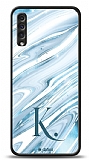 Dafoni Glossy Samsung Galaxy A50 Kiiye zel Harf Simli Mavi Mermer Klf
