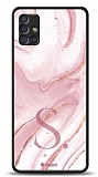 Dafoni Glossy Samsung Galaxy A51 Kişiye Özel Harf Simli Pembe Mermer Kılıf
