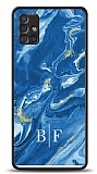 Dafoni Glossy Samsung Galaxy A51 Kişiye Özel İki Harf Simli Mavi Mermer Kılıf
