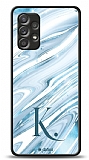 Dafoni Glossy Samsung Galaxy A52 Kiiye zel Harf Simli Mavi Mermer Klf