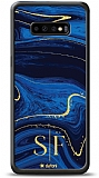 Dafoni Glossy Samsung Galaxy S10 Plus Kiiye zel ift Harf Simli Lacivert Mermer Klf