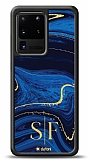 Dafoni Glossy Samsung Galaxy S20 Ultra Kişiye Özel Çift Harf Simli Lacivert Mermer Kılıf
