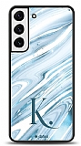 Dafoni Glossy Samsung Galaxy S22 Plus 5G Kiiye zel Harf Simli Mavi Mermer Klf