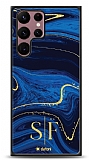 Dafoni Glossy Samsung Galaxy S22 Ultra 5G Kiiye zel ift Harf Simli Lacivert Mermer Klf