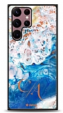 Dafoni Glossy Samsung Galaxy S22 Ultra 5G Kişiye Özel Çift Harf Simli Okyanus Mermer Kılıf