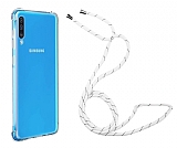 Samsung Galaxy A70 Beyaz Çizgili Askılı Şeffaf Silikon Kılıf