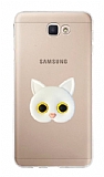 Samsung Galaxy J7 Prime 2 Kedi Figürlü Telefon Tutuculu Beyaz Silikon Kılıf
