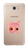 Samsung Galaxy J7 Prime 2 Kedi Figürlü Telefon Tutuculu Pembe Silikon Kılıf