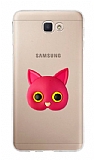 Samsung Galaxy J7 Prime Kedi Figürlü Telefon Tutuculu Koyu Pembe Silikon Kılıf