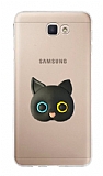 Samsung Galaxy J7 Prime Kedi Figürlü Telefon Tutuculu Siyah Silikon Kılıf