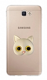 Samsung Galaxy J7 Prime Kedi Figürlü Telefon Tutuculu Gri Silikon Kılıf