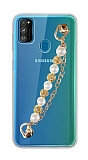 Samsung Galaxy M30S Beyaz İncili Gold Zincirli Kılıf