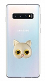 Samsung Galaxy S10 Plus Kedi Figürlü Telefon Tutuculu Gri Silikon Kılıf