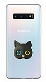 Samsung Galaxy S10 Plus Kedi Figürlü Telefon Tutuculu Siyah Silikon Kılıf