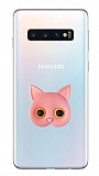 Samsung Galaxy S10 Plus Kedi Figürlü Telefon Tutuculu Açık Pembe Silikon Kılıf