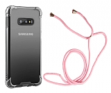 Samsung Galaxy S10e Pembe Askılı Şeffaf Silikon Kılıf