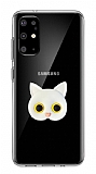 Samsung Galaxy S20 Plus Kedi Figürlü Telefon Tutuculu Beyaz Silikon Kılıf