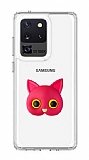 Samsung Galaxy S20 Ultra Kedi Figürlü Telefon Tutuculu Koyu Pembe Silikon Kılıf