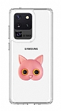 Samsung Galaxy S20 Ultra Kedi Figürlü Telefon Tutuculu Açık Pembe Silikon Kılıf