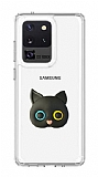 Samsung Galaxy S20 Ultra Kedi Figürlü Telefon Tutuculu Siyah Silikon Kılıf