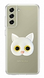 Samsung Galaxy S21 FE 5G Kedi Figürlü Telefon Tutuculu Beyaz Silikon Kılıf