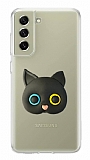 Samsung Galaxy S21 FE 5G Kedi Figürlü Telefon Tutuculu Siyah Silikon Kılıf