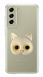 Samsung Galaxy S21 FE 5G Kedi Figürlü Telefon Tutuculu Gri Silikon Kılıf