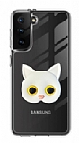 Samsung Galaxy S21 Kedi Figürlü Telefon Tutuculu Beyaz Silikon Kılıf