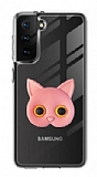 Samsung Galaxy S21 Kedi Figürlü Telefon Tutuculu Pembe Silikon Kılıf