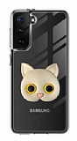 Samsung Galaxy S21 Kedi Figürlü Telefon Tutuculu Gri Silikon Kılıf