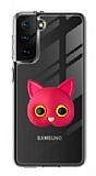 Samsung Galaxy S21 Kedi Figürlü Telefon Tutuculu Koyu Pembe Silikon Kılıf