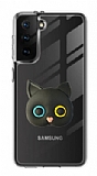 Samsung Galaxy S21 Kedi Figürlü Telefon Tutuculu Siyah Silikon Kılıf