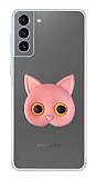Samsung Galaxy S21 Plus Kedi Figürlü Telefon Tutuculu Pembe Silikon Kılıf