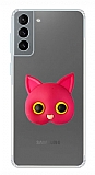 Samsung Galaxy S21 Plus Kedi Figürlü Telefon Tutuculu Koyu Pembe Silikon Kılıf