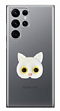 Samsung Galaxy S22 Ultra Kedi Figürlü Telefon Tutuculu Beyaz Silikon Kılıf