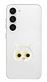 Samsung Galaxy S23 Kedi Figürlü Telefon Tutuculu Beyaz Silikon Kılıf