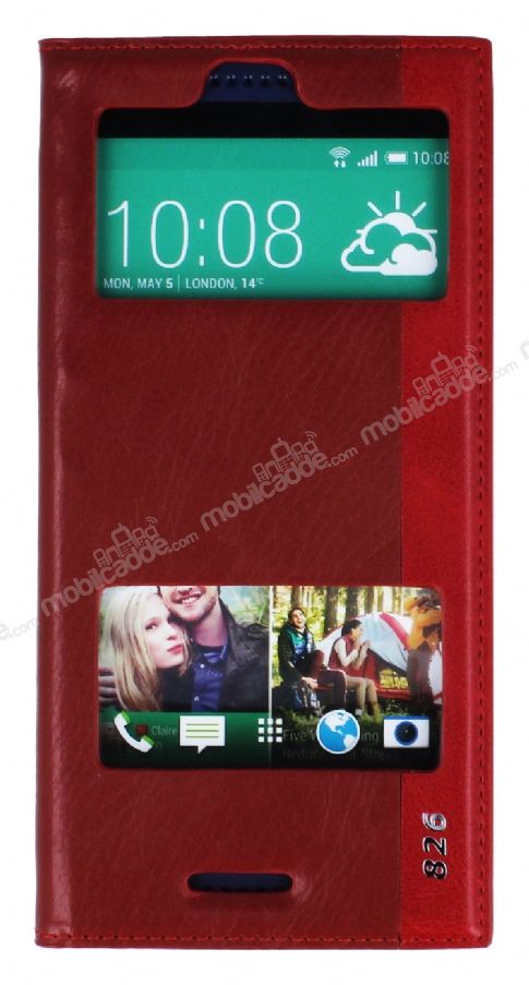 HTC Desire 826 Gizli Mıknatıslı Çift Pencereli Kırmızı Deri Kılıf