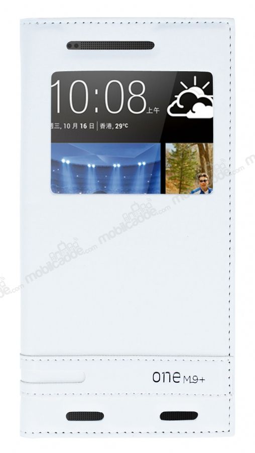 HTC One M9 Plus Gizli Mıknatıslı Pencereli Beyaz Deri Kılıf