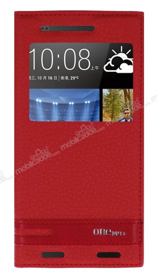 HTC One M9 Plus Gizli Mıknatıslı Pencereli Kırmızı Deri Kılıf