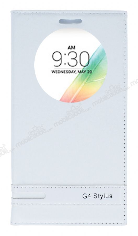 LG G4 Stylus Gizli Mıknatıslı Pencereli Beyaz Deri Kılıf