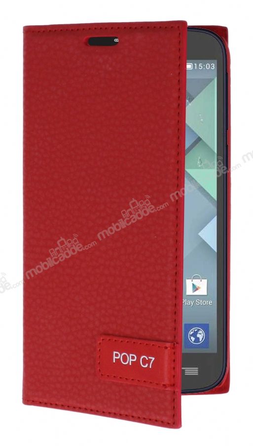 Alcatel One Touch Pop C7 Gizli Mıknatıslı Yan Kapaklı Kırmızı Deri Kılıf