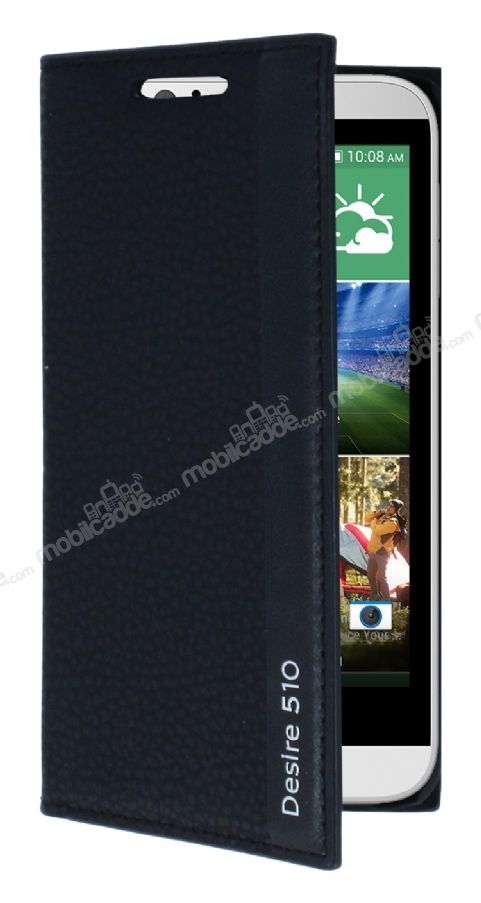 HTC Desire 510 Gizli Mıknatıslı Yan Kapaklı Siyah Deri Kılıf
